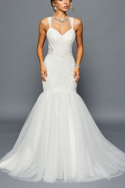 Wide Strap V Neck Mermaid Wedding Dress with Court Train