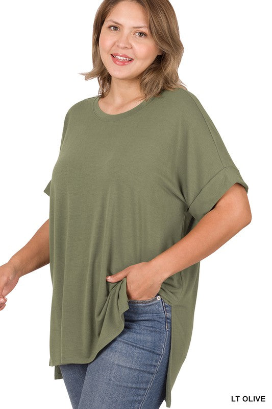 Curvy Rolled Short Sleeve Top with Side Slit and High Low Hem