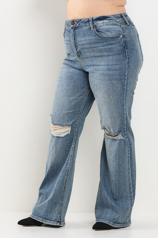 Curvy Mid Rise Boot Cut Stretch Jeans with Distressed Knee