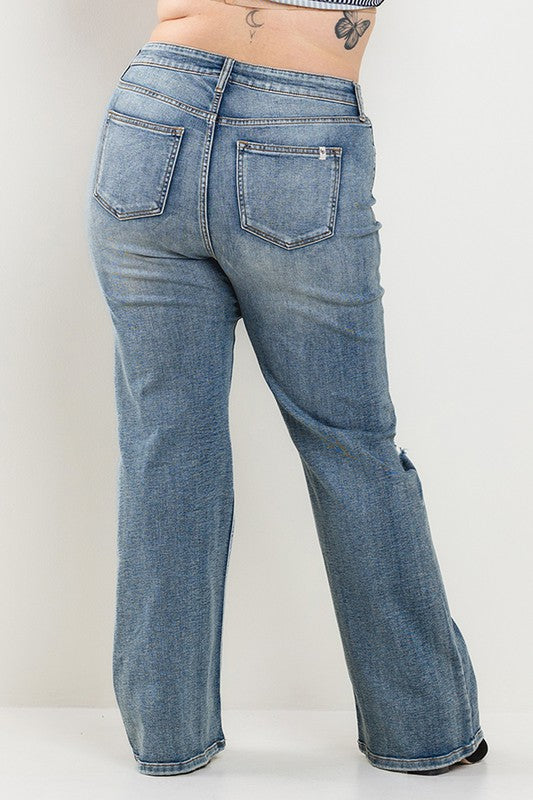 Curvy Mid Rise Boot Cut Stretch Jeans with Distressed Knee