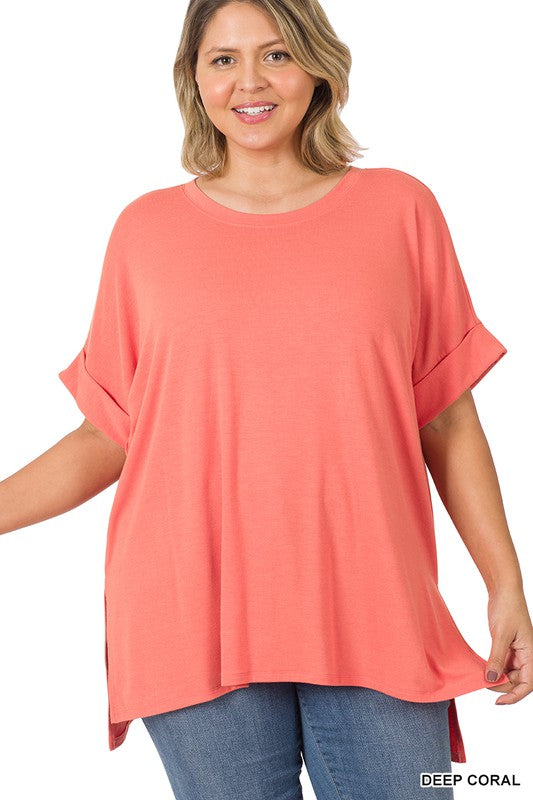 Curvy Rolled Short Sleeve Top with Side Slit and High Low Hem