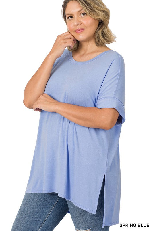 Curvy Rolled Short Sleeve Top with Side Slit and High Low Hem