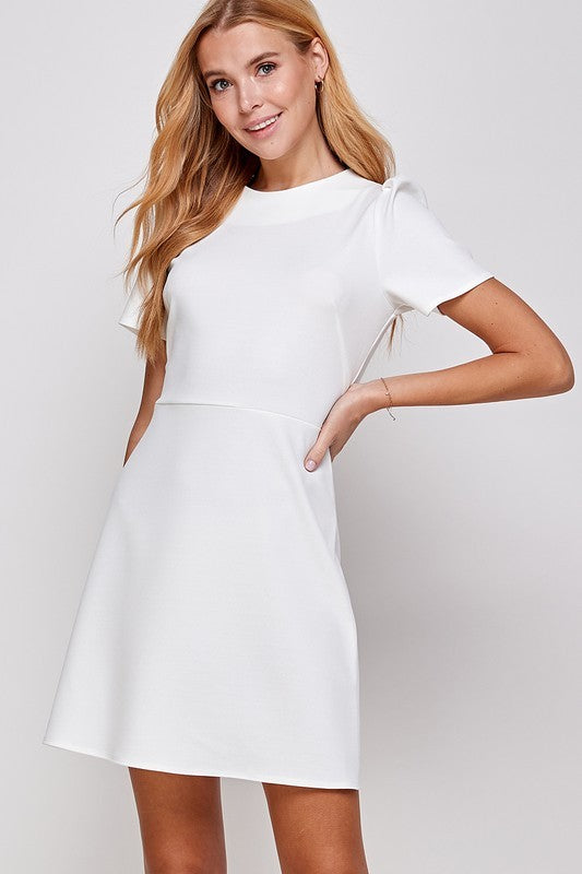 Techno Crepe Short Puff Sleeve A Line Mini Dress