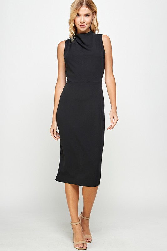 Sleeveless Solid Mock Neck Midi Dress with Back Slit