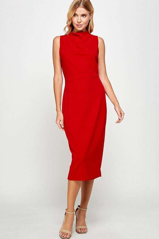 Sleeveless Solid Mock Neck Midi Dress with Back Slit