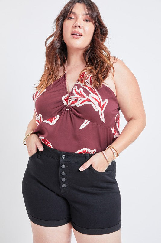 Curvy High Rise Button Fly Exposed Cuff Denim Shorts