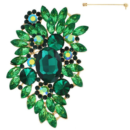 Jeweled Crystal Leaf Cluster Brooch Pin