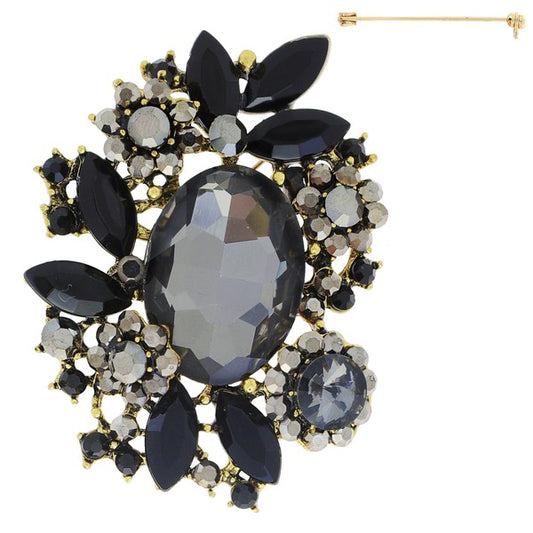Jeweled Crystal Leaf Cluster Floral Brooch Pin