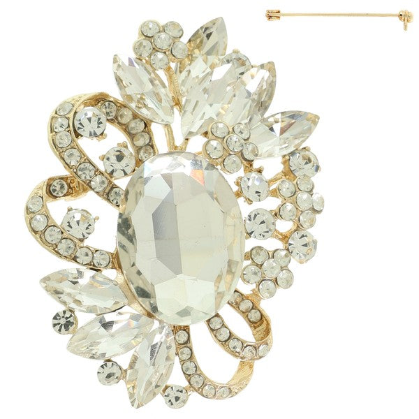 JEWELED CRYSTAL LEAF CLUSTER FLORAL RIBBON ACCENT BROOCH PIN
