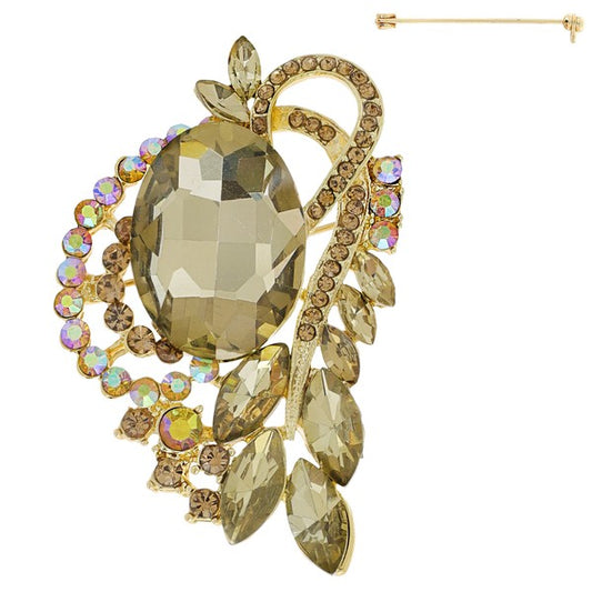 Jeweled Crystal Leaf Cluster Ribbon Brooch Pin