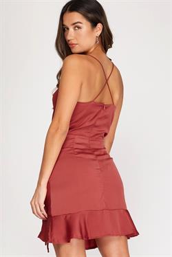 Spaghetti Strap Cowl Neck Woven Ruched Mini Dress with Ruffle Hem