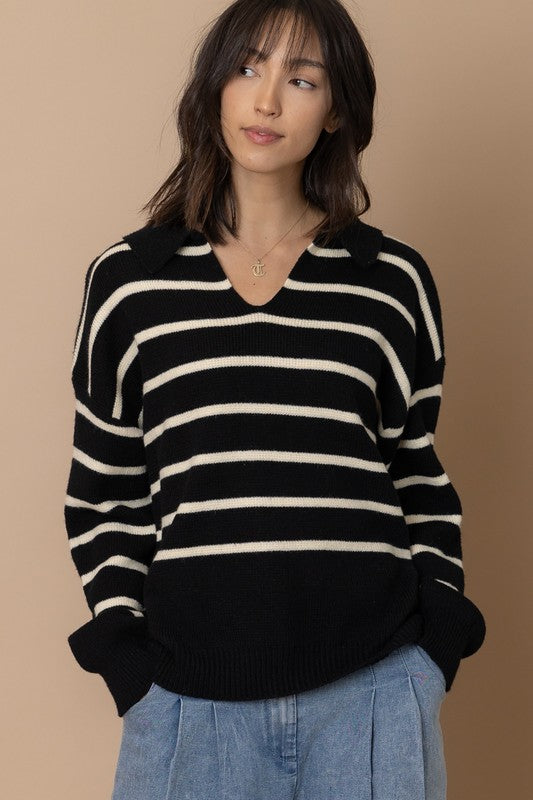 Striped Long Sleeve V-Neck Sweater Top