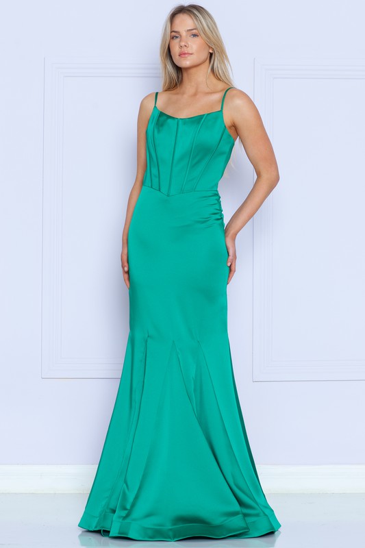 Spaghetti Strap Satin Mermaid Long Formal Dress with Zip Close Back