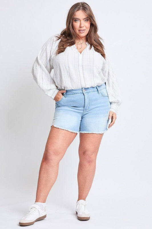 Curvy High Rise Frayed Hem Denim Shorts