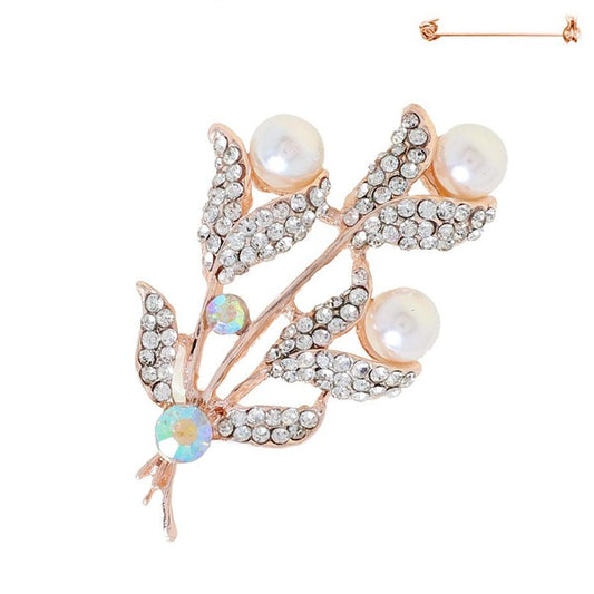 CRYSTAL RHINESTONE AND PEARL FLORAL VINE BROOCH PIN