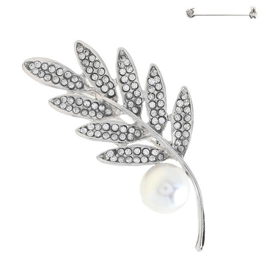 Crystal Rhinestone and Pearl Olive Branch Brooch Pin