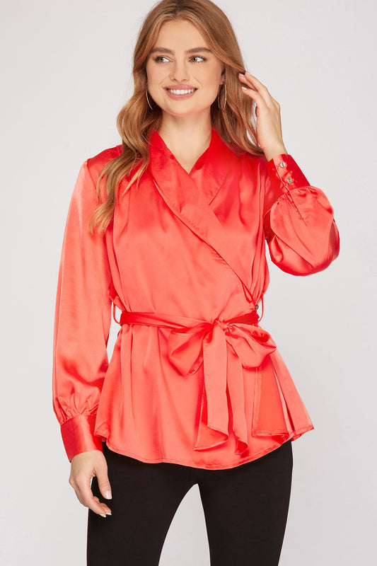 Long Cuff Sleeve Shawl Collared Wrap Satin Top with Sash