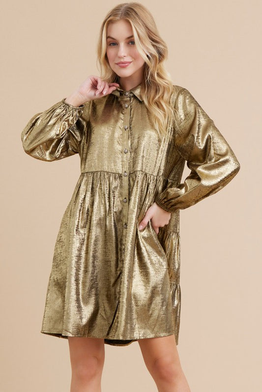 Long Bubble Sleeve Metallic Baby Doll Dress