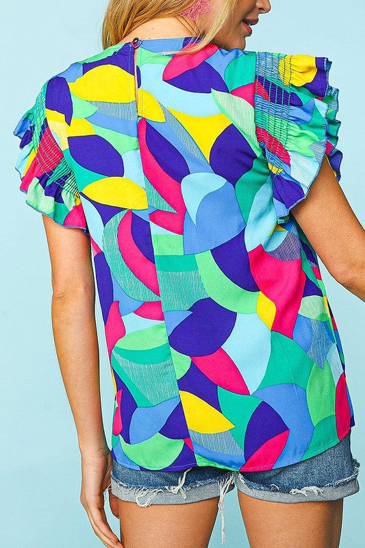 Curvy Short Ruffle Sleeve Multi Color Top