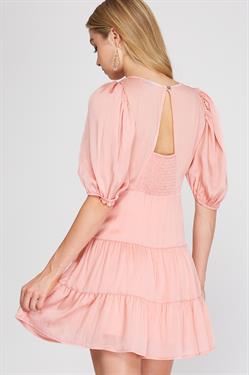 3/4 Sleeve V Neck Tiered Woven Mini Dress with Back Button Closure