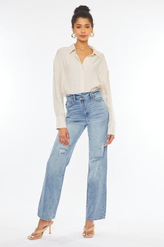 90's Wide Leg Straight Jeans with Slight Cross Over Front