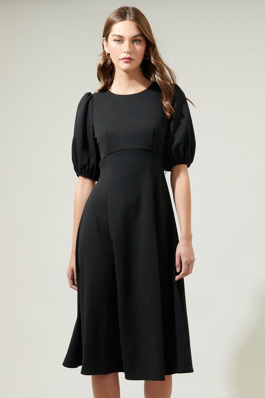 Short Puff Sleeve Fit and Flare Midi Dress