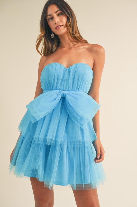 Strapless Tube Mesh Tulle Tiered Mini Dress with Bow Detail