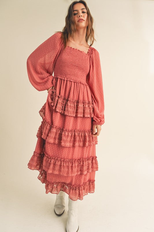 Sheer Long Sleeve Square Neck Ruffle Maxi Dress