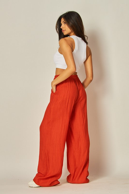 Textured Linen Blend Wide Leg Pants with Drawstring Waist and Side Pockets