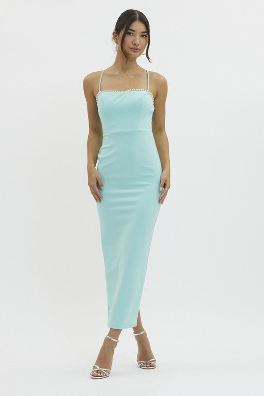 Adjustable Spaghetti Strap Pearl Trim Neck Maxi Dress