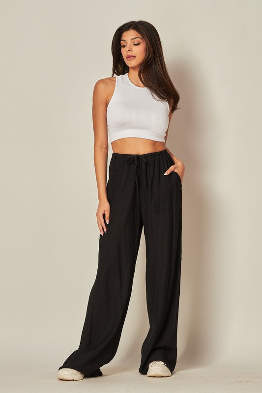 Textured Linen Blend Wide Leg Pants with Drawstring Waist and Side Pockets