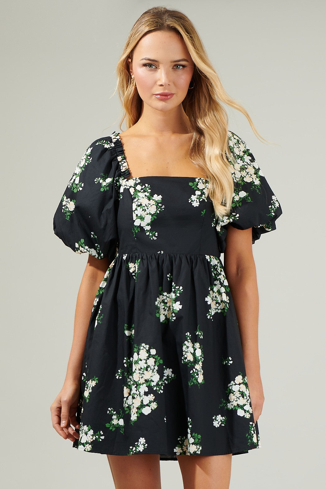 Marion Balloon Sleeve with Smocked and Tie Back Detail Poplin Babydoll Mini Dress