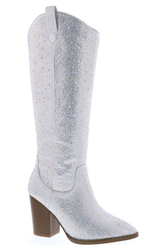 Head Turning Women's AB Rhinestone Under Knee Cowboy Medium Heel Boot