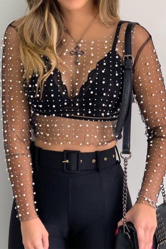 Sheer Long Sleeve Rhinestone and Pearl Top