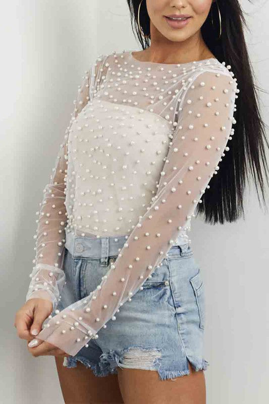 Sheer Round Neck Long Sleeve Faux Pearl Mesh Top