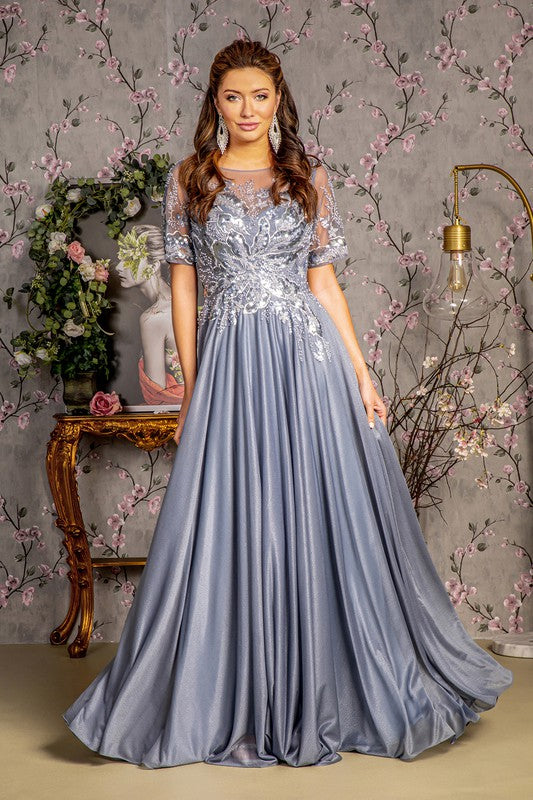 Short Metallic Embroidery Sheer Sleeve and Bodice with Glitter Crepe A-Line Long Formal Dress
