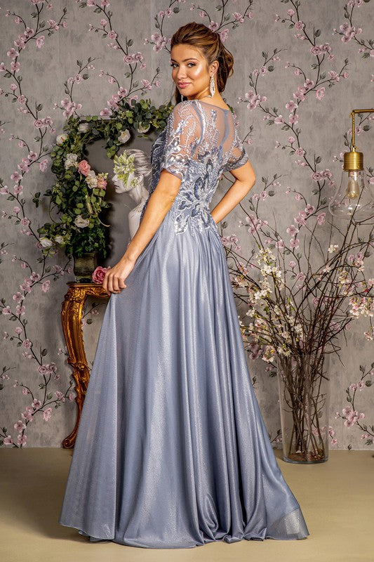 Short Metallic Embroidery Sheer Sleeve and Bodice with Glitter Crepe A-Line Long Formal Dress