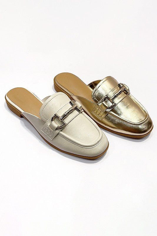 Metallic Link Flat Loafer Mule Slides