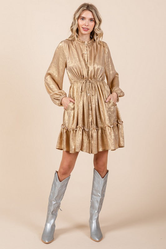 Long Bubble Sleeve Metallic Button-Up Dress