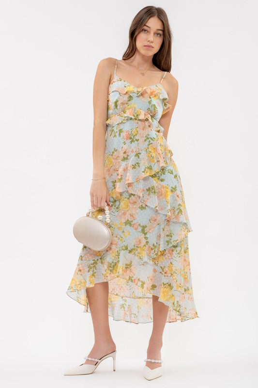 Spaghetti Strap Floral Ruffle Midi Dress