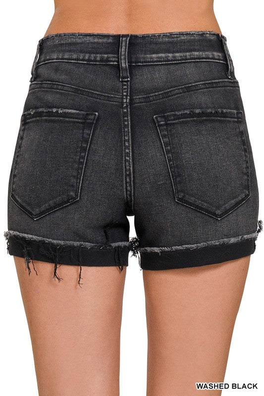 Washed Cuffed Raw Hem Denim Shorts