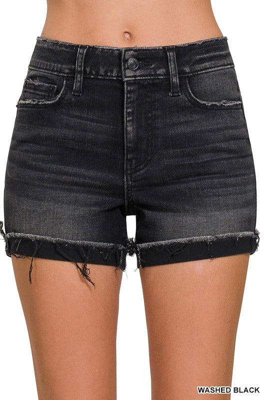 Washed Cuffed Raw Hem Denim Shorts