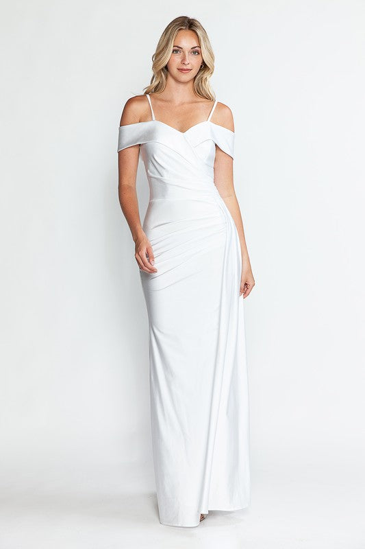 Off Shoulder Ruched Side Drape Long Formal Dress