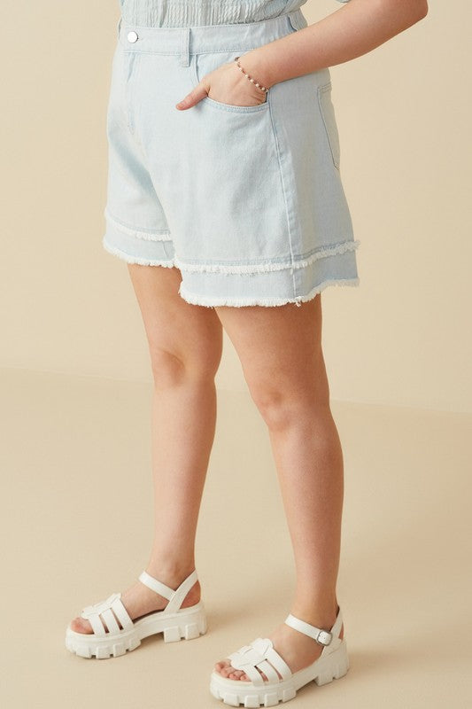 Curvy Fray Detail Illusion Hem Denim Shorts