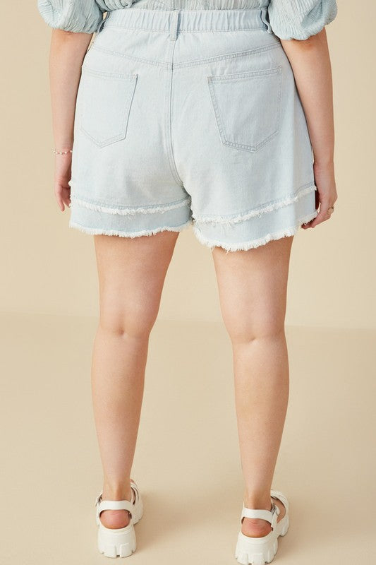 Curvy Fray Detail Illusion Hem Denim Shorts