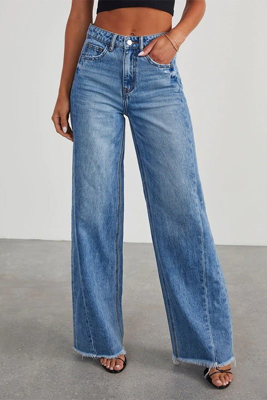 Wide Leg Side Seam Stitching Frayed Hem Jeans