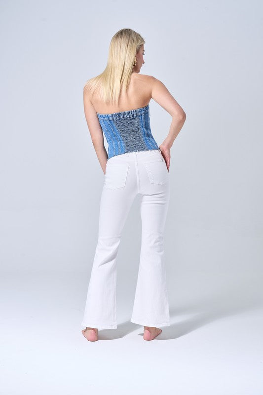 High Rise Flare with Distressed Knee Denim Jeans