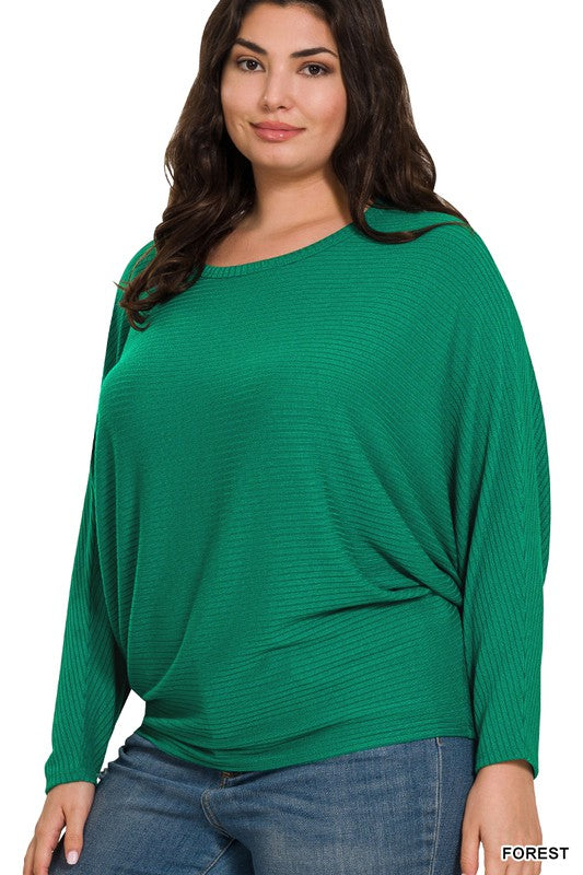 Curvy Ribbed Dolman Long Sleeve Boat Neck Sweater