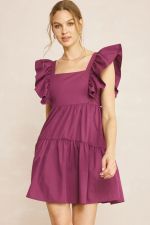 Solid Square Neck Babydoll Dress Featuring Ruffle Sleeve, Smocked Back and Pockets