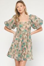 Printed Square Neck Puff Sleeve Mini Empire Waist Dress with Elastic Neckline and Socked Back